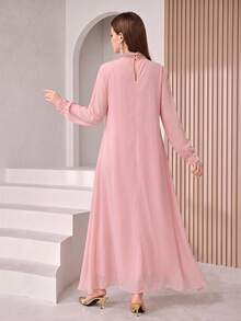 SHEIN Najma 优雅蕾丝边饰串珠装饰女式连衣裙 - 淺粉色 - 查看 2