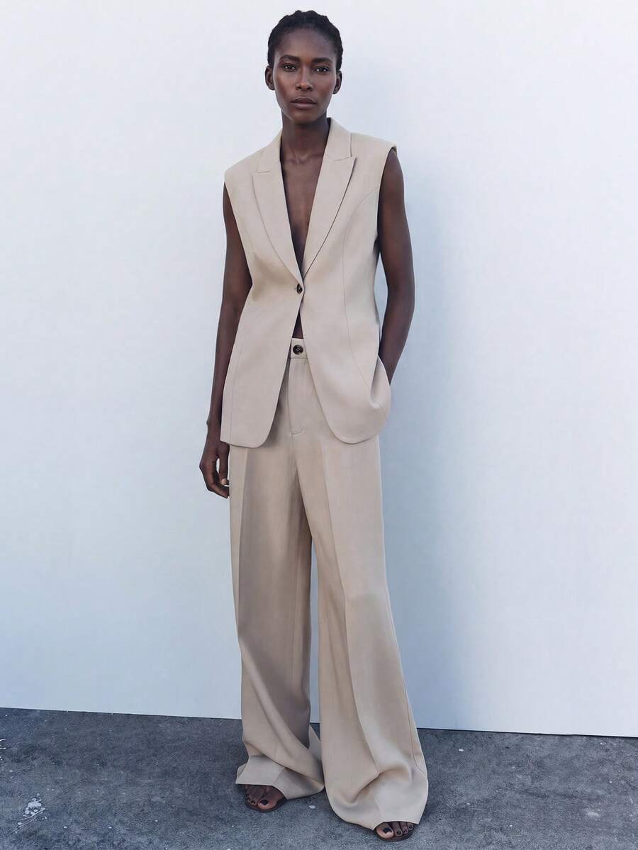 SHEIN Conjunto de 2 piezas para mujer, blazer sin mangas ajustado con hombros acolchados y cintura ceñida, pantalones de pierna recta, moda de oficina para el Día del Maestro, beige, verano - Caqui - Ver 1