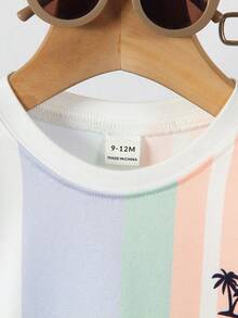 SHEIN Playful Pals 嬰兒針織T恤條紋印花+椰子樹數位印花+短褲2件套，運動休閒多色條紋+椰子樹定位印花T恤搭配糖果綠梭織短褲，必備運動休閒風 - 彩色 - 查看 6