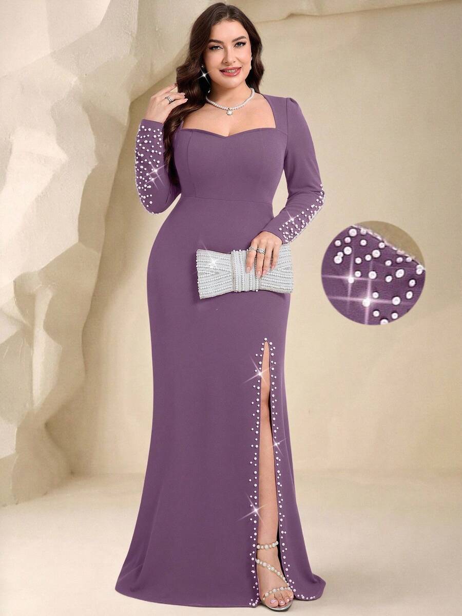 Coutiva Gaun Malam Formal Ukuran Plus Elegan dengan Hiasan Manik-Manik Mutiara Imitasi dan Belahan (Gaya Pengerjaan Berat) - Dusty Purple - View 1