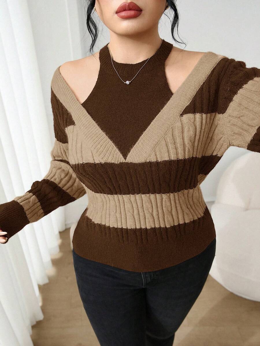 Modelyn 大尺碼女款條紋長袖套頭毛衣，秋季街頭風 - 咖啡棕 - 查看 1