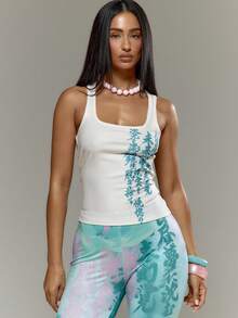 MUSERA Graphic Printed Vest Tank Square Neck Top Spring Summer Holiday Vacation Ibiza Festival Y2K Psyche Fall Autumn - White - View 2