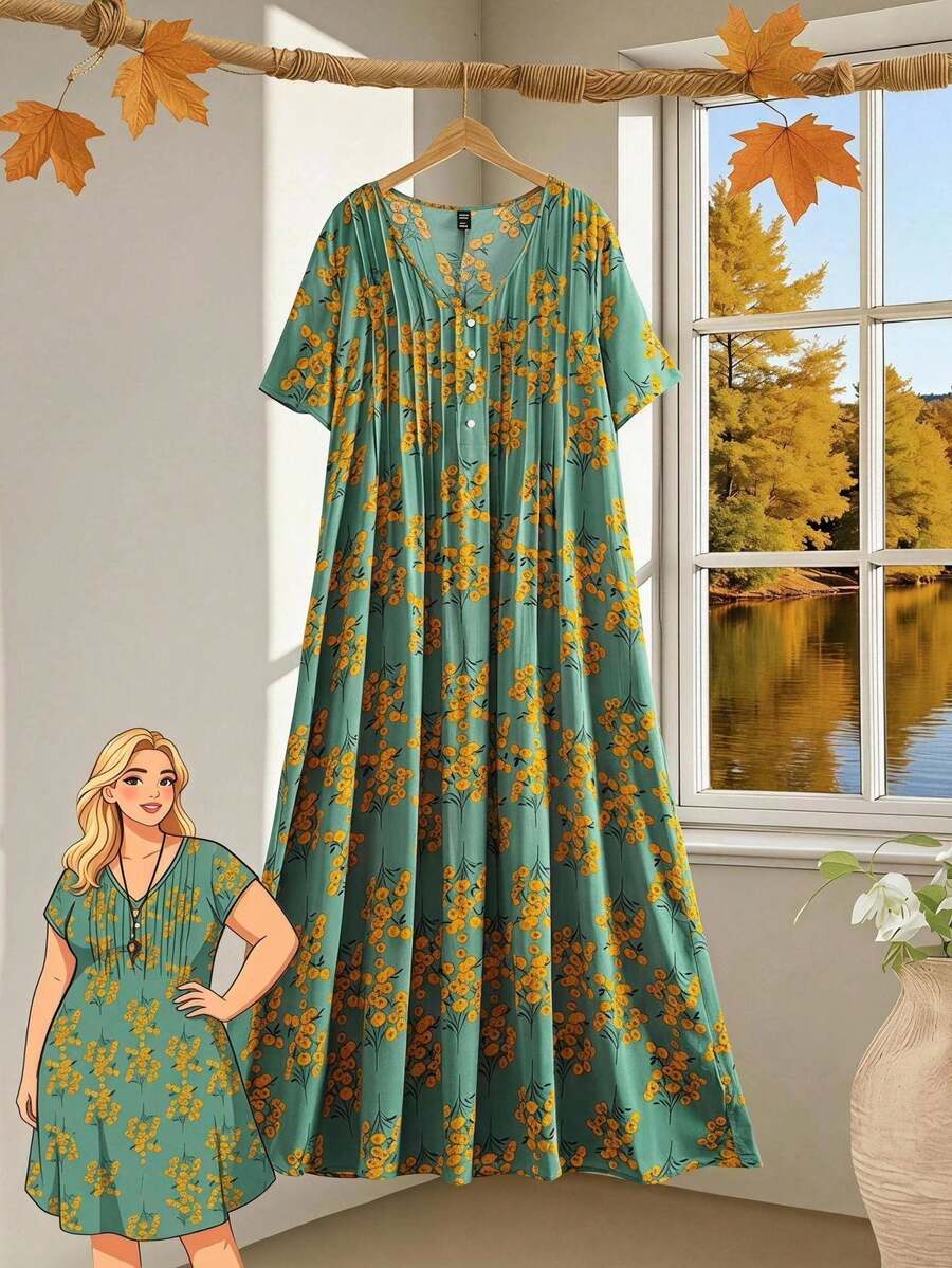 Rusticease Plus Size Ditsy Floral Half Button Dress, Summer,Beach Dress Sundress,Holiday Outfits Boho,Flower/Vacation/Spring - Green - View 1