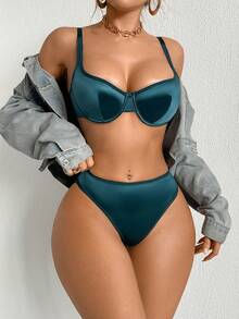 2pcs Women Solid Color Minimalist Casual Bra Set With Underwire - Teal Blue - View 6