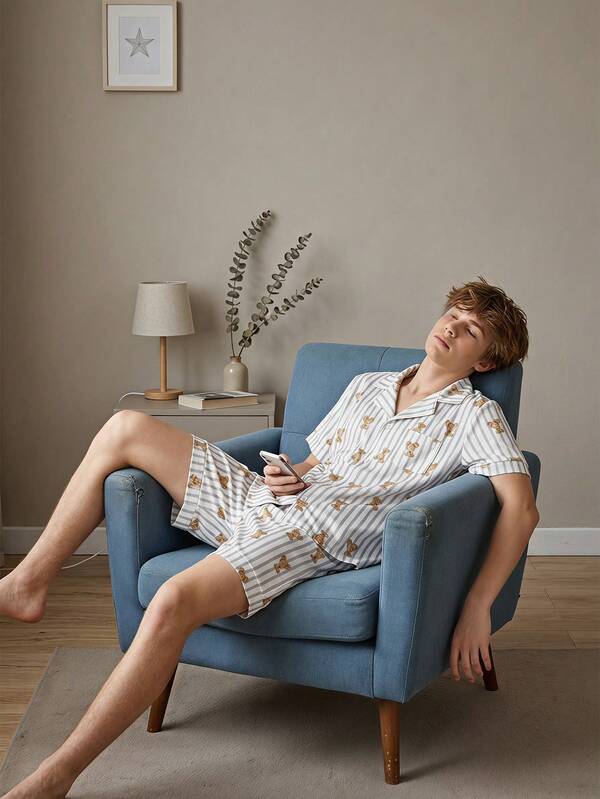 Teen Boy Cute Bear Print Grey & White Striped Short Sleeve Shirt & Shorts Elegant Comfortable 2 Pieces Loungewear Set