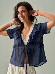 SoleilVie Women's Textured Ruffle V-Neck Short Sleeve Blouse, Gentle Style Tie Waist Slimming Casual Top - Navy Blue - View 3