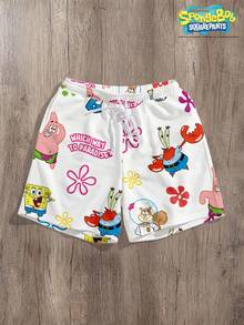 SpongeBob SquarePants | SHEIN Manfinity Joysei 男士卡通趣味宽松短裤 - 白色 - 查看 1