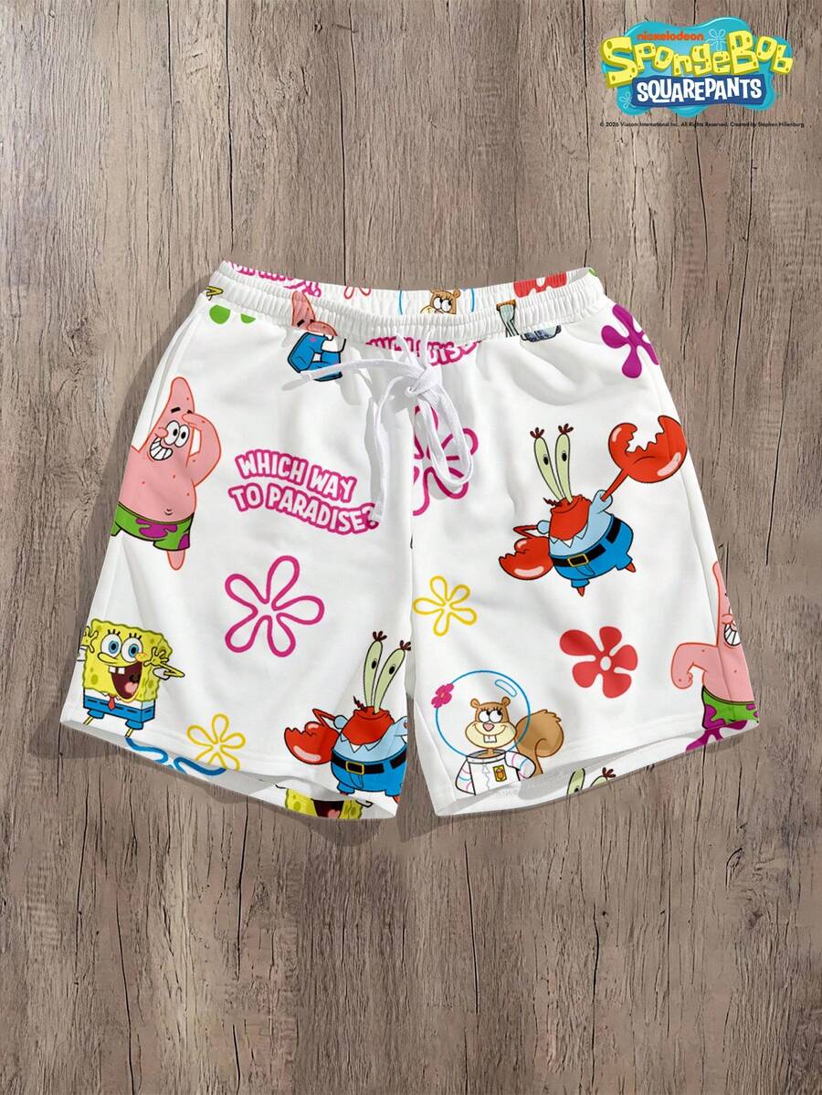 SpongeBob SquarePants | SHEIN Manfinity Joysei 男士卡通趣味宽松短裤 - 白色 - 查看 1