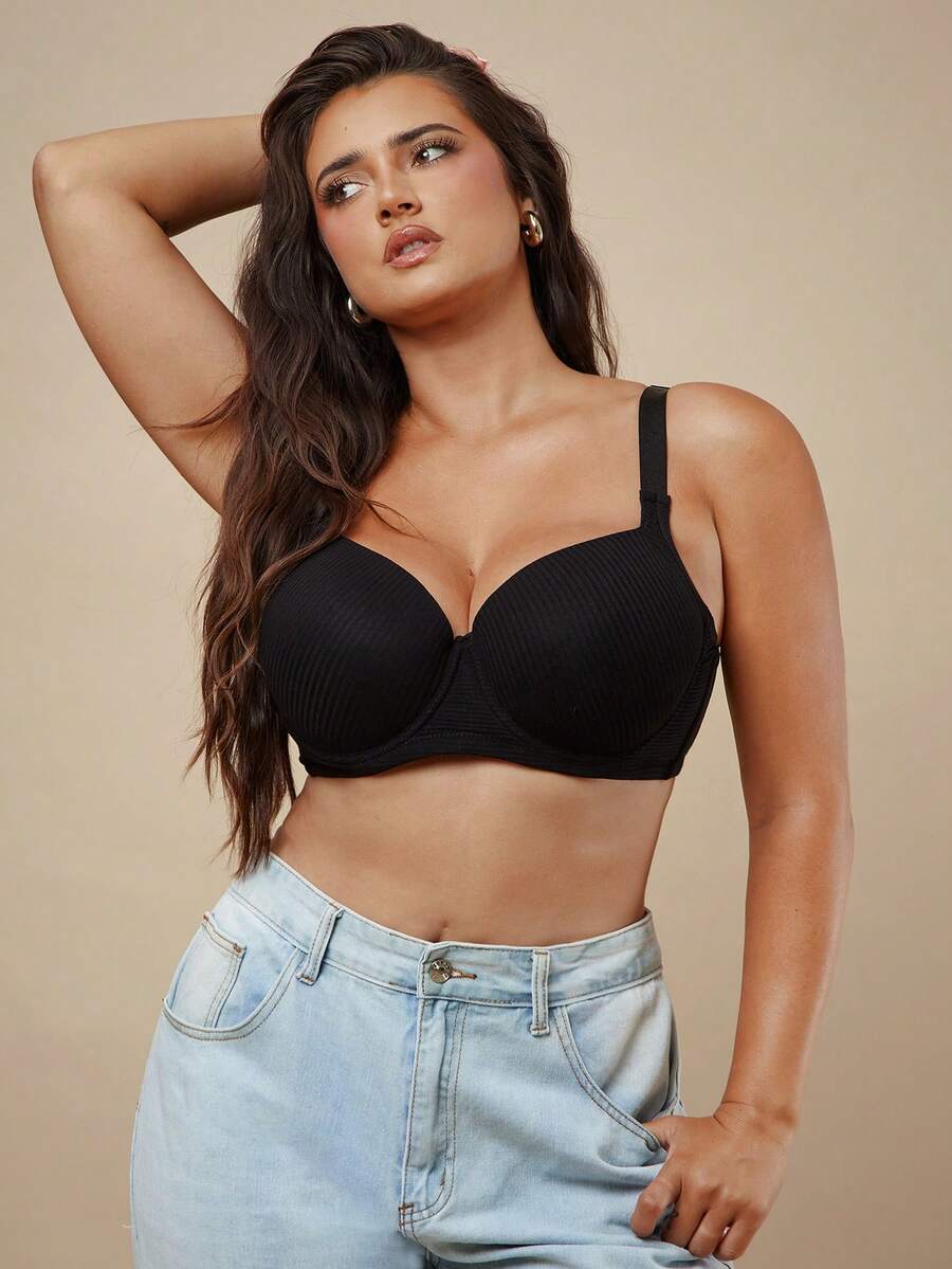 SHEIN BAE CURVE Sutiã Levantador Instantâneo de Tecido Canelado Sólido, Confortável e Casual para Mulheres Plus Size - Preto - Visão 1