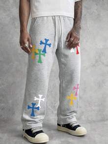 Manfinity EMRG Light Grey Wide Leg Sweatpants,Gothic Colorful Cross Print Streetwear,Loose Straight Summer Casual Pants For Vacation,Music Festivals,Parties,Clubs - Grey - View 1