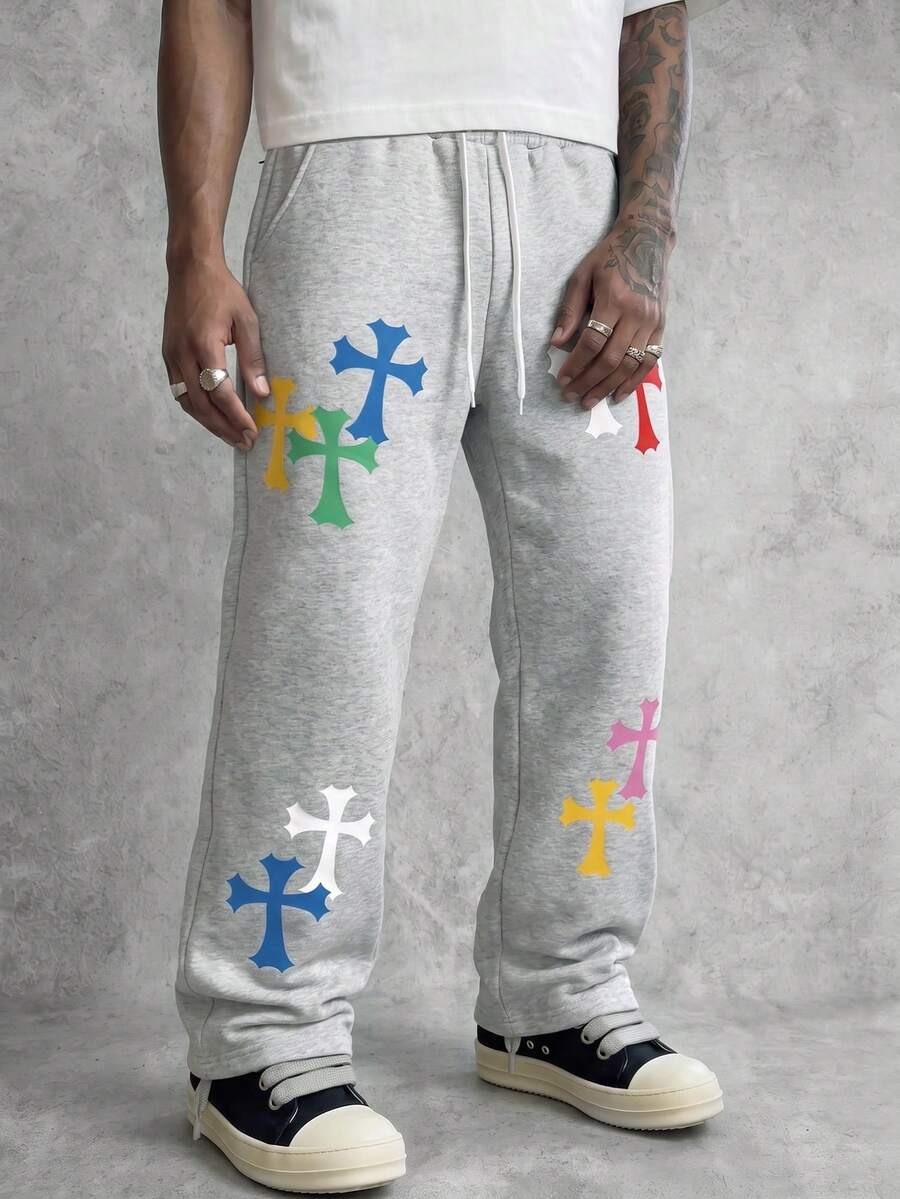Manfinity EMRG Light Grey Wide Leg Sweatpants,Gothic Colorful Cross Print Streetwear,Loose Straight Summer Casual Pants For Vacation,Music Festivals,Parties,Clubs - Grey - View 1
