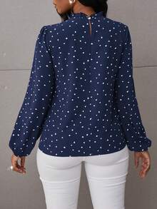 SHEIN Clasi Confetti Heart Print Bishop Sleeve Frilled Neck Blouse Fall Cloth For Women - Navy Blue - View 2