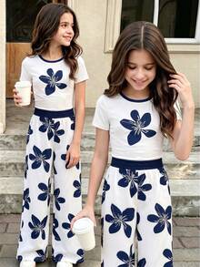 SHEIN Tween Girls 2pcs/Set Casual Comfortable Fashion Round Neck Short Sleeve Top With Elastic Waist Loose Straight Leg Pants Floral Print Versatile - Multicolor - View 1