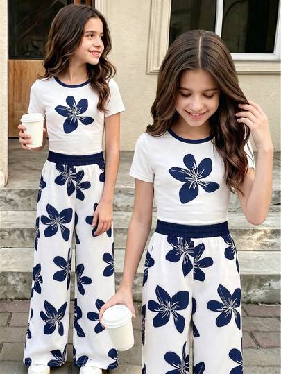 SHEIN Tween Girls 2pcs/Set Casual Comfortable Fashion Round Neck Short Sleeve Top With Elastic Waist Loose Straight Leg Pants Floral Print Versatile