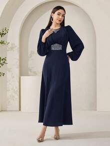 Veilorie New Luxury Elegant Heavy Embellished Rhinestone Exquisite Waist-Cinched Pleated Party Dress - Navy Blue - View 7
