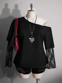 SHEIN ICON 女款大尺碼秋冬復古性感千禧風Y2K簡約休閒街頭風露肩上衣 - 黑色 - 查看 8