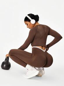 Solea Cove Solea Cove 1pc Women's Dark Green Knitted Seamless Comfortable Elastic Coffee Color Back V-Waist Leggings - Coffee Brown - View 2