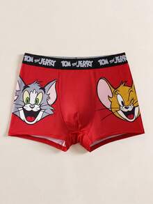 TOM & JERRY X SHEIN 男士字母卡通图案撞色平角内裤 - 紅色 - 查看 1