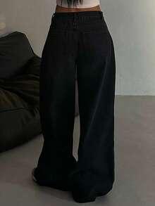 DAZY Celana Jeans Wanita Polos dengan Kancing Depan dan Saku, Model Kasual untuk Sehari-hari, Gaya Y2k - Hitam - View 8