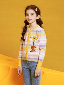 TOM & JERRY X SHEIN Tween Girl Cartoon Animal Stripe Print Round Neck Cardigan - Multicolor - View 7