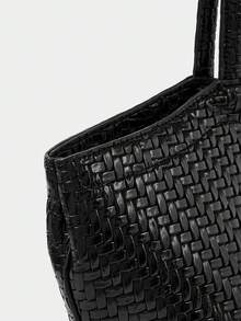 SHECARRY Women's Fashion Black Tote Bag, Exquisite Simple Handbag, Retro Woven PU Large-Capacity Shoulder Bag, For Commuting, Vacation, Daily, Shopping - Black - View 5