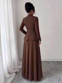 Elenzga Spring Autumn Winter Elegant Stand Collar Waist-Cinching Coffee Color Blazer & Pleated Long Skirt 2-Piece Set For Wedding Party Commute, Romantic Exquisite Women's Outfit - Coffee Brown - View 2