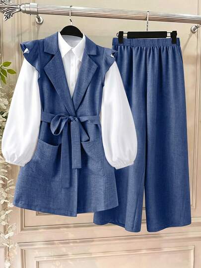 Linhara Plus Size Women's Casual Versatile Minimalist Fashion Lapel Tie Ruffle Sleeve Pocket Decor Shirt And Daily Minimalist Versatile Elegant Long Pants Set, Women's Matching Set