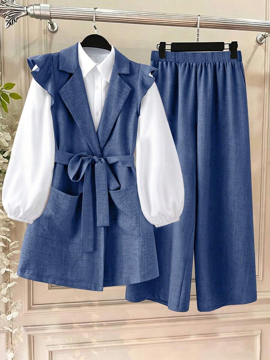 Linhara Plus Size Women's Casual Smart Versatile Minimalist Lapel Tie Ruffle Sleeve Pocket Decor Shirt Elegant Long Pants Set Office Working White Blue Summer - Blue - View 1