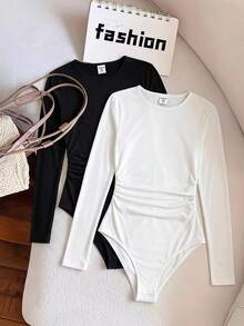 SHEIN Bodysuit & Jumpsuit Anak Perempuan Remaja Perempuan Remaja Perempuan Remaja Perempuan 2pcs Set Jumpsuit Rajut Leher Bulat Lengan Panjang - Hitam dan Putih - View 5