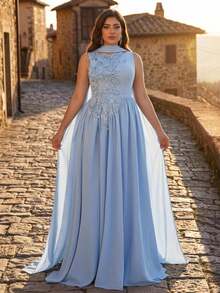 Aureia Vestido de noche elegante y romántico de talla grande, azul con lentejuelas, bordado, técnica de quemado, cuello redondo, sin mangas, cintura acampanada, bajo fruncido y holgado, adecuado para fiesta de noche, cita, baile, vacaciones, invitada de boda, vestido de gala con trabajo pesado - Celeste - Ver 6