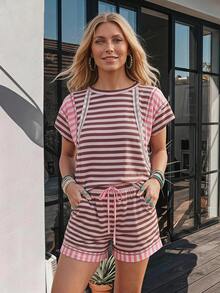 Wildy BOHO Casual Western Country Striped Colorblock Patchwork Women's Summer Daily Basic Outfit Pocket T-Shirt And Shorts 2-Piece Set - Multicolor - View 8