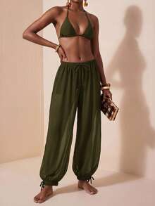 Zivah New Women's Vacation Casual Beach Pool Party Semi-Sheer Chiffon Fabric Elastic Waist Pants Cover-Up Bathing Suit Swimsuits - Army Green - View 4
