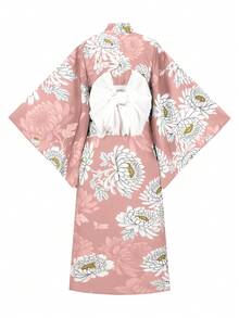 Irokai 女款花卉印花和服襯衫與吊帶洋裝浴衣套裝，度假風，桃紅色，夏季傳統文化風 - 粉色 - 查看 2