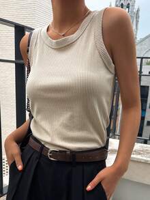 DAZY Solid Rib Knit Tank Top - Beige - View 4