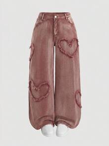 SHEIN MOD 大尺碼女款休閒水洗愛心毛邊直筒牛仔褲 - 棕色 - 查看 1