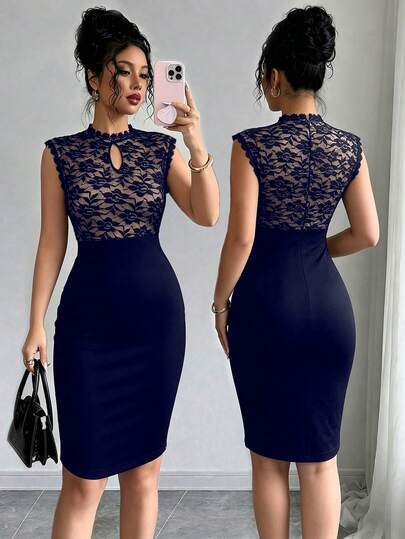 Elenzga Women's Elegant Hollow Chest Lace Trim Cuffs Lace Patchwork Elastic Knit Back Invisible Zipper Fitted Pencil Short Dress