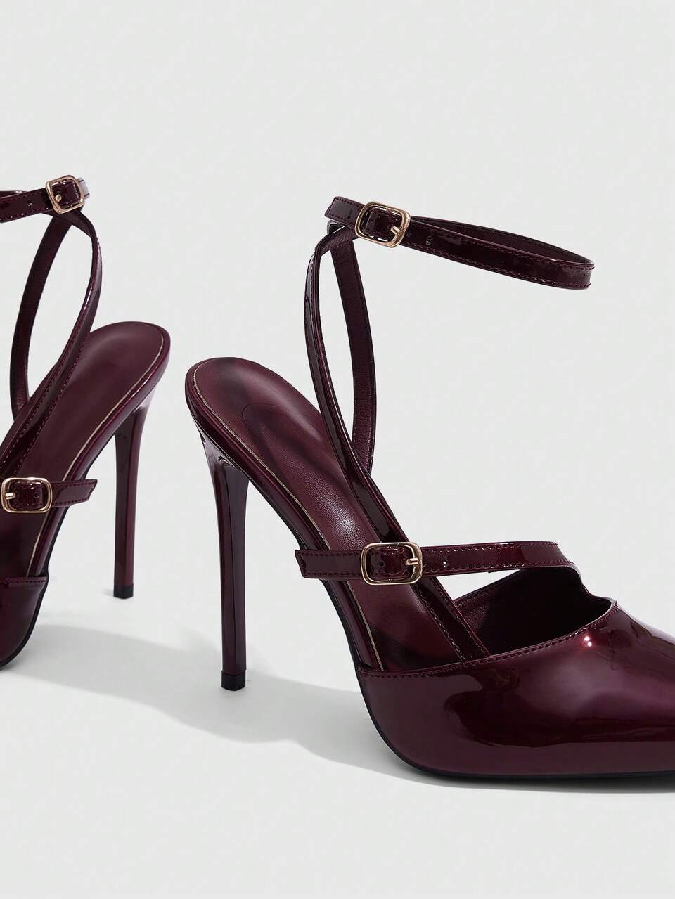 CUCCOO SZL Pointed Toe Burgundy Ankle Strap Backless Stiletto High Heel Pumps, Fashion Sexy Party Banquet Nightclub Ultra High Heel Women's Shoes