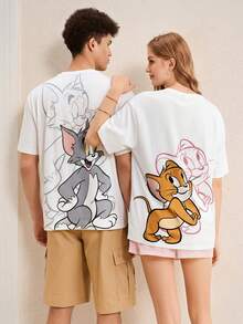 TOM & JERRY X SHEIN قميص تي شيرت كاجوال للرجال بياقة مستديرة وأكمام قصيرة، بطبعة كرتونية، صيفي - أبيض - مشاهدة 1