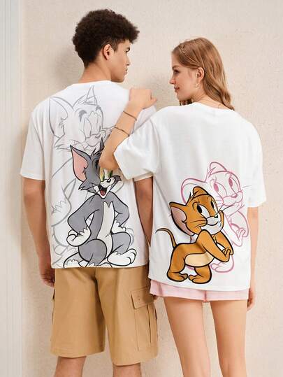 TOM & JERRY X SHEIN Men's Casual Cartoon Pattern Round Neck Short Sleeve T-Shirt, Summer