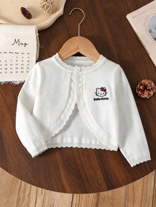 HELLO KITTY AND FRIENDS | SHEIN GraphicGems Baby Mädchen Strickjacke mit besticktem Top-Design, gewelltem Saum, Pullover-Strickjacke, Babykleidung, bequem, weich, weiß, vielseitig kombinierbar, süß, niedlich, lässig, minimalistisch, für den Alltag, geeignet für Herbst, Winter, Zuhause, Reisen, Ausflüge, Partys, Outdoor-Spiele, Picknick