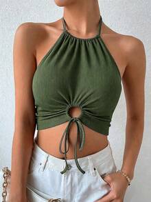 SHEIN Holidaya 女款夏季豹紋鏤空綁帶短版上衣 圖案豹紋 T-shirt 女裝上衣 - 軍綠色 - 查看 6