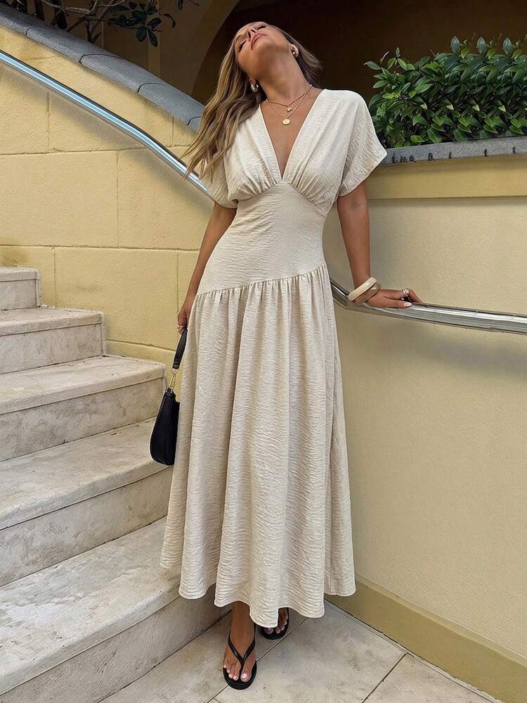 Siren Gaze Short Sleeve Deep V-Neck Pleated Dress, Summer Casual Minimalist Tropical Style, Suitable For Daily Vacation Gatherings, Wedding Guest, Elegant Beige