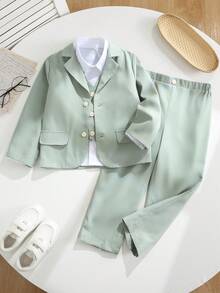 SHEIN 3pcs/Set Young Boy's Green Suit Jacket,Vest And Trousers Set,Traditional Gentleman Style Outfit For Wedding,Birthday Party,Performance,Christening - Mint Green - View 4