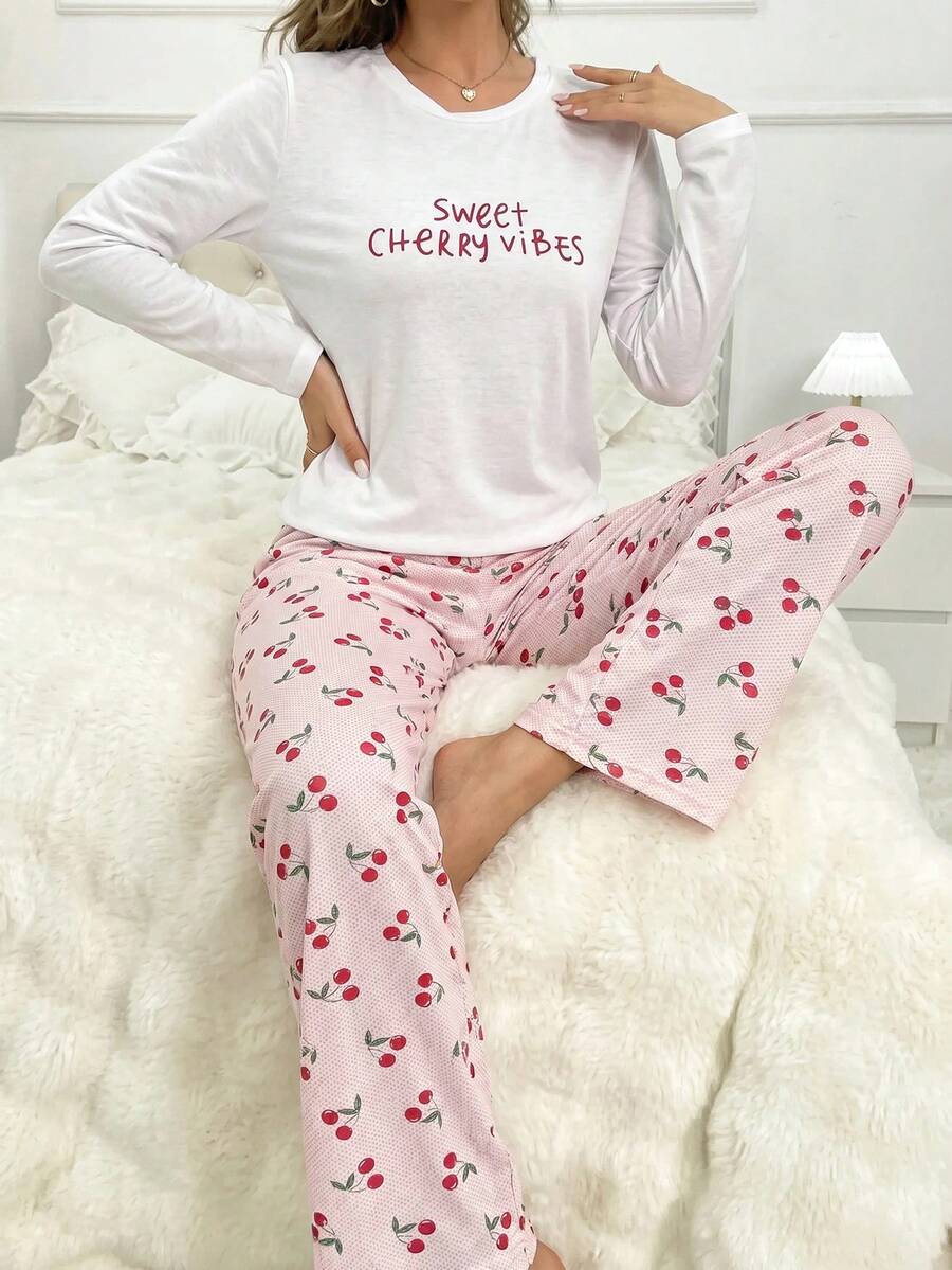 SHEIN Women Cotton 2Pcs Letter Print Long Sleeve Top & Cherry Print Pants Pajama Set - Multicolor - View 1