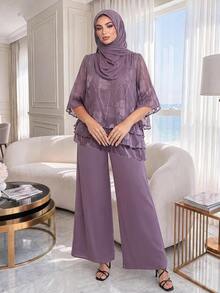 Auveirra Setelan 2 Potong Wanita Ukuran Besar Motif Bunga Lengan 3/4 dan Celana Panjang Lebar, Elegan untuk Musim Panas - Purple - View 3