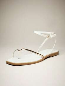 SHUZIA Women's Electroplated Gold TPU Strap Off White Ankle Wrap Ring Toe Flat Sandals – Elegant, Minimalist & Luxurious Everyday Style. - White - View 2