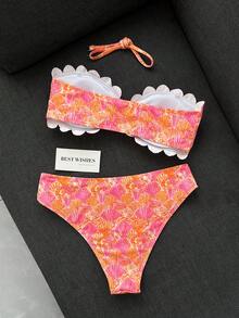 Swim Mod 女款夏季海灘極簡優雅浪漫休閒度假性感甜美可愛時尚泳衣套裝，百搭萬用橘粉貝殼印花，平口式可拆卸肩帶，鏤空設計，適用於海灘、度假村、SPA、音樂節、蜜月及休閒度假場合 - 彩色 - 查看 3