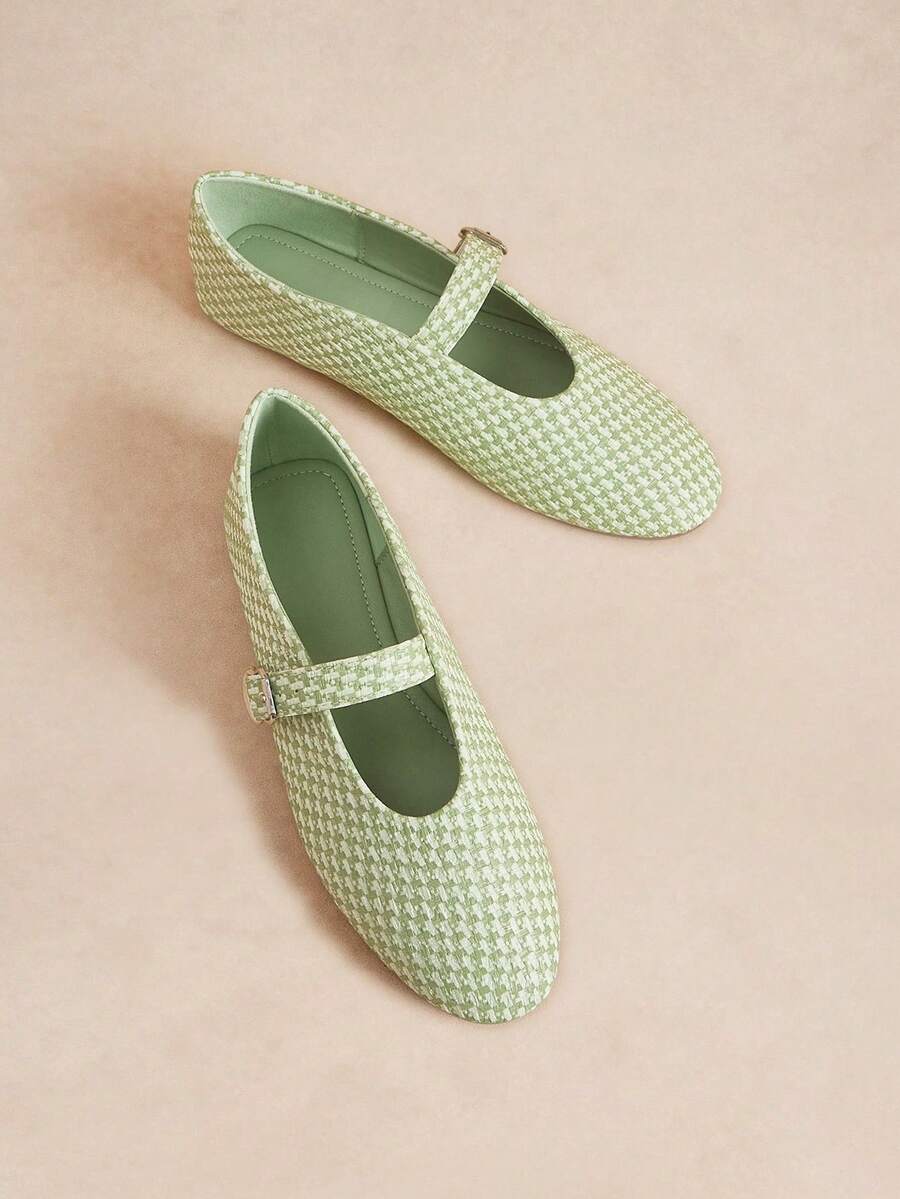 Rosivie Zapatos Mary Jane tejidos franceses, punta redonda con suela plana, estilo retro para uso diario y desplazamientos, zapatos de mujer con vampo bajo - Verde claro - Ver 1