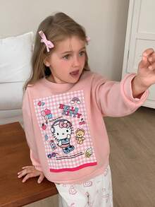 HELLO KITTY | DAZY Cute Round Neck KT Cat Pattern Thermal Lined Loose Long Sleeve Autumn/Winter Sweatshirt For Young Girls - Pink - View 4