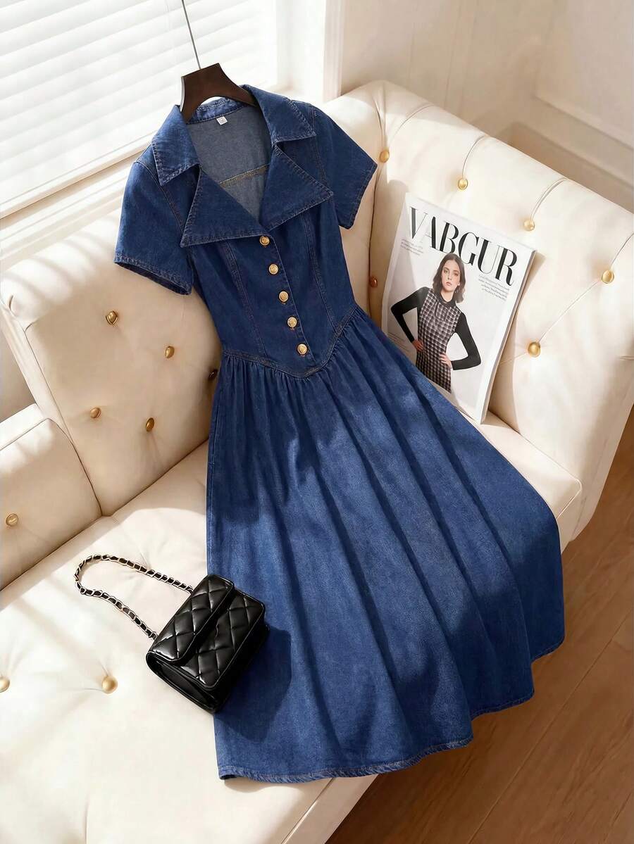 SHEIN MOD 女款百褶休閒日常穿著夏季牛仔洋裝 - 藍色 - 查看 1